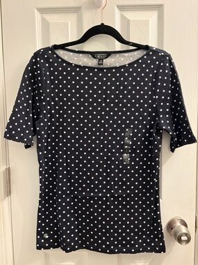 Lauren Ralph Lauren Polka Dot Short Sleeve Tee Navy Blue Large NWT